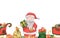 Seamless border with santa claus, sleigh, bag with presents, gift boxes. Watercolor horizontal background for banners, postcards,