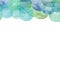 Seamless border of teal translucent watercolor circles. Hand painted Spots on a white background. Round. Isolated. Blobs