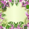 Seamless border tropical flowers floral arrangement, with Orchid Dendrobium nobile spotted purple and white palm,philodendron