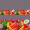 Seamless borders, ribbons, fruit gardening. Hand drawing dragon fruit, coconut, coffee, banana, strawberry on gray background in