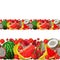 Seamless borders, ribbons, fruit gardening. Hand drawing dragon fruit, coconut, coffee, banana, strawberry on white background in