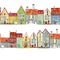Seamless borders of watercolor hand drawn medieval houses