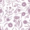 Seamless botanical pattern with elegant blooming flowers of eucalyptus on white background. Endless repeatable floral