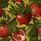 Seamless botanical pattern with juicy bright pomegranates in green leaves. Hand drawing.