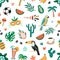 Seamless Brazilian pattern with cultural and natural symbols of Brazil on white background. Endless texture with fruits