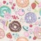 Seamless breakfast pattern with flowers, donuts, fruits.