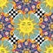 Seamless bright background. Colorful ethnic round ornamental mandala, sun with human face symbol on checkered pattern