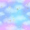 Seamless bright blue and lilac sky pattern with gold constellations, stars and watercolor clouds