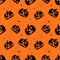 Seamless bright halloween pattern. Cartoon style pattern with pumpkins, spiders and spider web