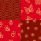 Seamless bright structures. Golden figures of flowers and hearts, butterflies and bears on a red background. Patterns for printing