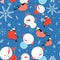 Seamless bright winter pattern of bullfinches and snowmen