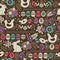 Seamless brown pattern with color easter eggs, rabbit, flowers