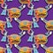 Seamless Burger pattern with guitar on purple background. Vector image