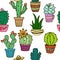 Seamless cactus pattern. Plant fabric print. Cartoon succulent drawing. Nature textile background. Mexican decor