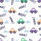 Seamless car pattern kids background with colorful automobile and words Beep, Toot. Flat design