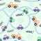 Seamless car pattern with text beep, honk, toot, circle road. Flat children design.