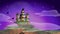 Seamless cartoon animation of a fairy tale fantasy castle on floating island misty world with timelapse changing from morning dawn