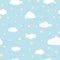 Seamless cartoon background with white clouds and yellow stars on blue sky. Overcast pattern. Vector