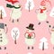 Seamless cartoon color pattern with winter trees, snowman in hat, ski and snowflakes on pink background.