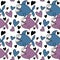 Seamless cartoon kids pattern with blue and pink shark and black hearts on white background