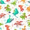 Seamless cartoon music dinosaurs pattern. Dino band, cute dinosaur playing music instruments and rockstar tyrannosaurus