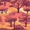 Seamless cartoon pattern of African trees, in pink and orange colors..