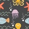 Seamless cartoon pattern with sea inhabitants - octopus, fish, starfish, jellyfish and waves. Vector