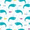 Seamless cartoon pattern with sea inhabitants - whale and fish. Cute cartoon character. Vector