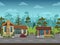 Seamless cartoon street landscape, vector unending background with separated layers.