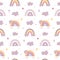 Seamless celestial cute vector pattern with rainbows, clouds, rain, stars, hearts