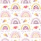 Seamless celestial cute vector pattern with rainbows, clouds, stars, hearts