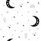 Seamless celestial pattern with moons, stars and crystals. Mystic black and white vector illustration