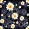 Seamless chamomile pattern with lined and colored flowers