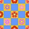 Seamless checkered pattern with .beautiful multicoloured flowers. Vector image