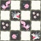 Seamless checkered pattern with funny winged unicorns, pink little foxes and small flowers. Patchwork style. Print for fabric