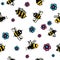 Seamless cheerful background with flowers and bees. Vector illustration