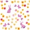 Seamless childish background - cute flowers, butterflies and hand painted rabbit