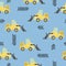 Seamless childish cartoon bulldozer pattern. Construction background