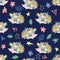 seamless childish floral pattern with flowers and cute hedgehogs on black background