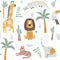 Seamless childish jungle pattern with cute lion, crocodile, giraffe, elephant, leopard, toucan. Perfect for fabric, textile,