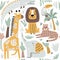 Seamless childish jungle pattern with cute lion, crocodile, giraffe, elephant, leopard, toucan. Perfect for fabric, textile,