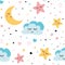 Seamless childish pattern with baby stars cloud moon Kids texture fabri wallpaper background Vector illustration