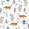 Seamless childish pattern with bear, fox in wood