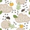 Seamless childish pattern with bushes, apples, mushrooms.