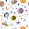 Seamless childish pattern with cartoon colorful planets, stars, decor elements. vector. hand drawing. space.