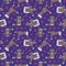 Seamless childish pattern with cubed cats and satrs, cat with magic wand, cat lies on pillow and sleep, cat hit against the wall.