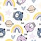 Seamless childish pattern with cute bears on clouds, rainbow, moon, stars. Cute cartoon Teddy bears. Vector baby background