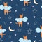 Seamless childish pattern with cute cats, moon, star, love and clouds. Animal background with clouds for kids. Perfect for kids