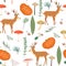 Seamless childish pattern with cute deers in the wood. Creative autumn forest texture for fabric.