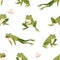 Seamless childish pattern with cute green frogs in different poses on white background. Printable repeating texture with